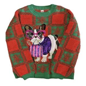 Festive Dog Sweater with Red and Green Plaid frenchie French bulldog medium 8-10